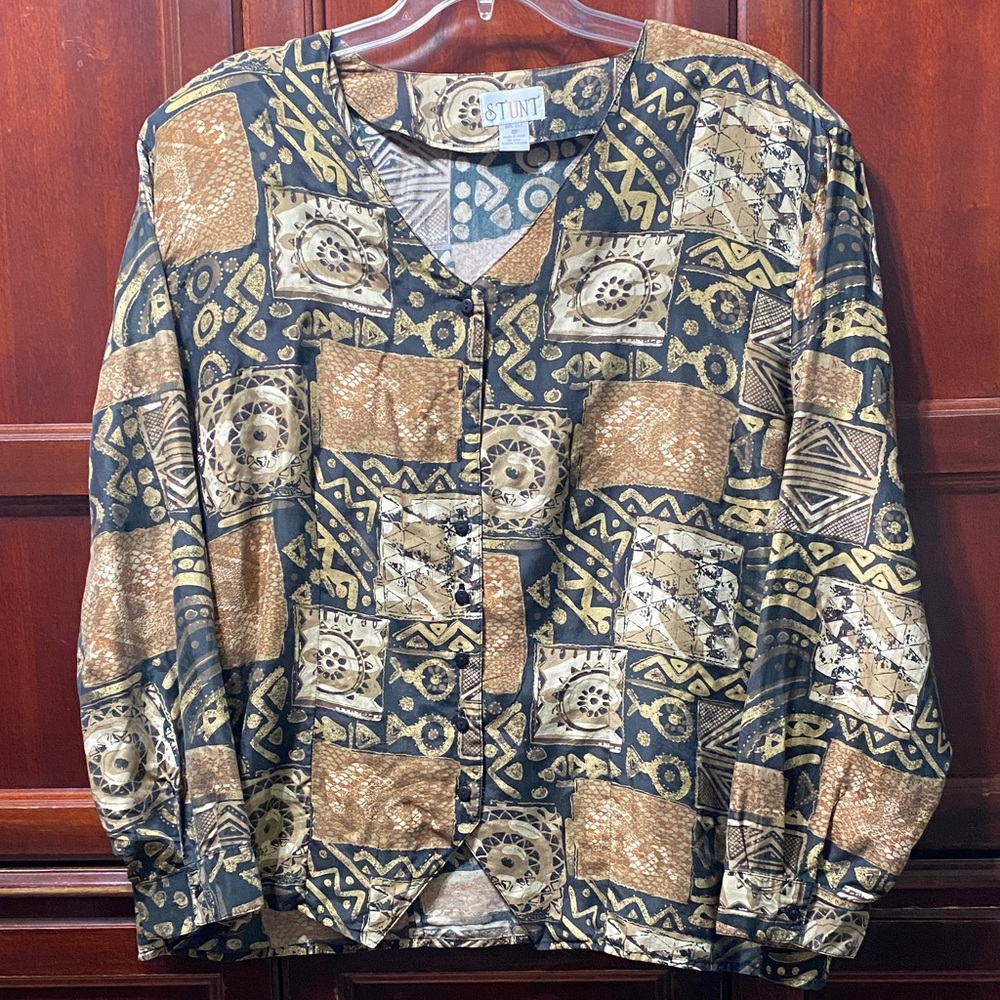Stunt 100% silk black, brown and gold size 3X Vintage Geometric Button-Up Blouse